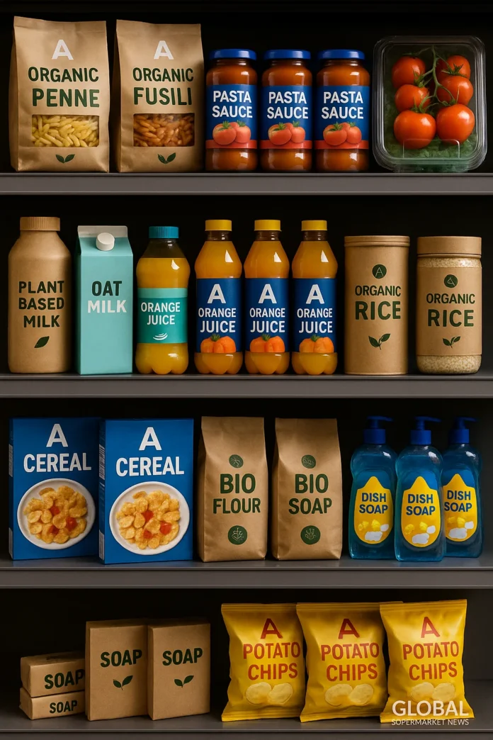 A shelf with both private label and A brand grocery products competing for attention — how A brands compete in 2025