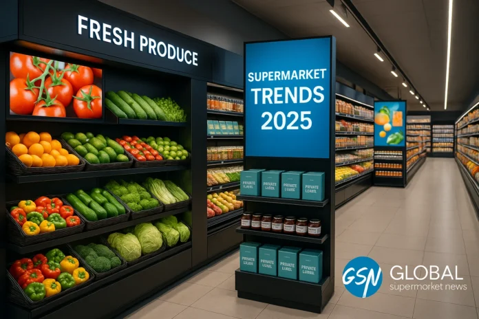 A modern supermarket aisle showing signage, produce, and private label displays — visualising supermarket trends for 2025