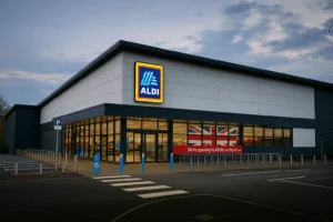 Exterior of an Aldi supermarket in the UK with branded signage, Union Jack window display, and empty parking lot at dusk.