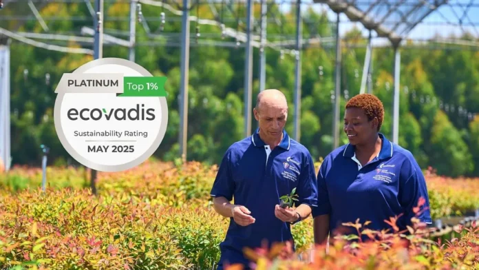 Mondi headquarters building with EcoVadis Platinum award badge overlay