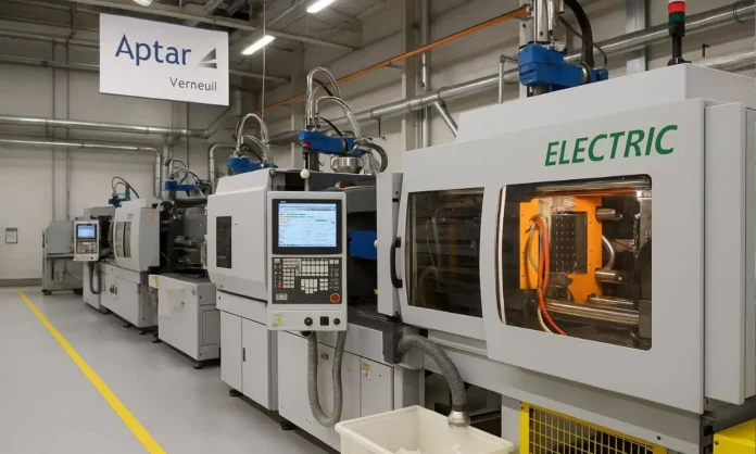 Electric molding machines inside Aptar Beauty Verneuil site in Normandy, France