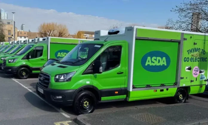 Asda electric delivery fleet van charging at store with zero-emissions signage