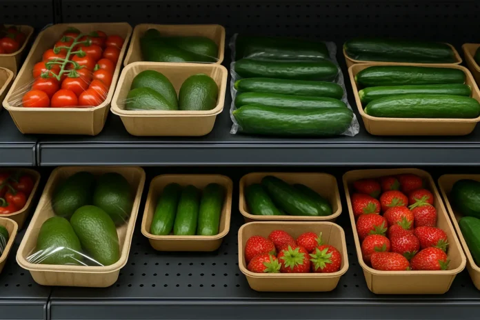 Biodegradable packaging on supermarket shelves.