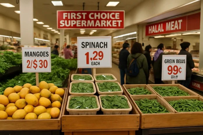 Customers shopping for fresh produce and halal meat at First Choice Supermarket.