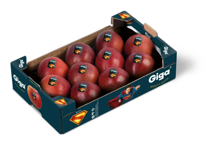 Giga apple featuring Superman S-Shield in summer 2025 campaign