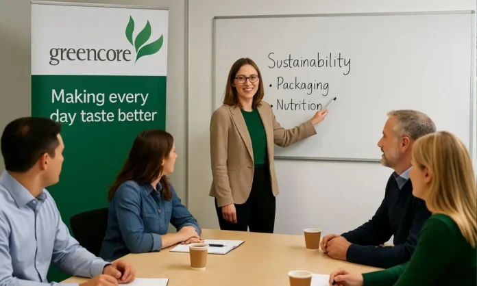 Greencore sustainability training session with team members and instructor discussing packaging and nutrition.