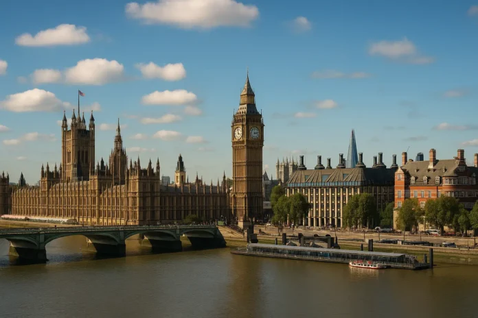 London skyline with Big Ben, Houses of Parliament, and the River Thames.