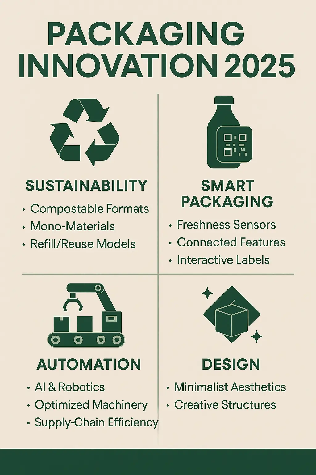 Packaging Innovation 2025 Packaging Innovation 2025 infographic showing trends in sustainability, smart packaging, automation, and visual design
