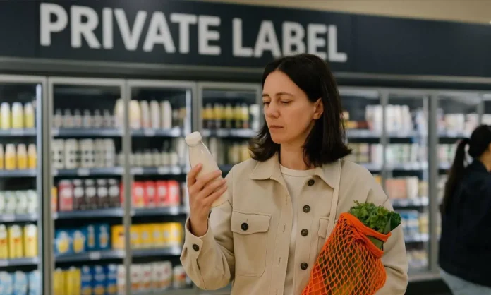Private Label Market Growth – Woman examining store-brand product in supermarket dairy aisle