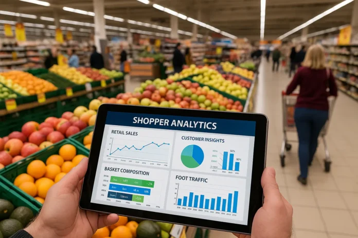 Retail shopper analytics 2025 supermarket scene with customers shopping