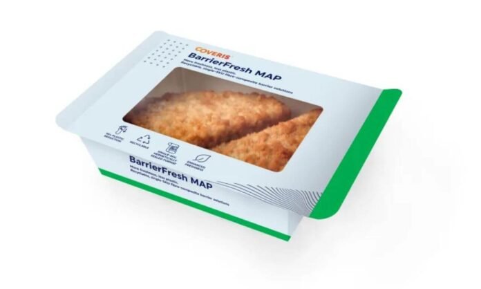 Coveris BarrierFresh MAP tray for chilled breaded poultry, designed for plastic tray reduction with recyclable board and EVOH film.