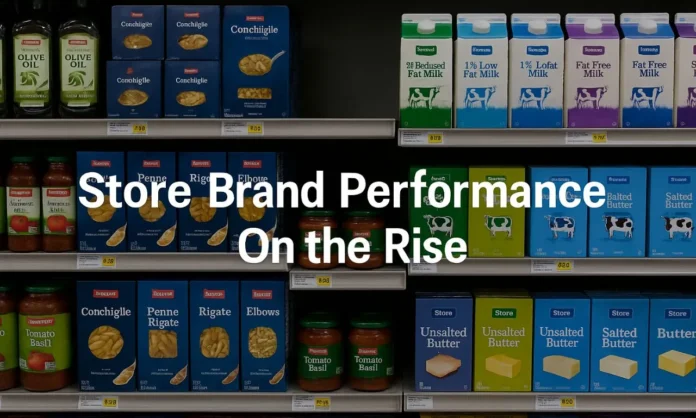 Store Brand Performance featured in supermarket retail shelf image, showing private label products across multiple categories.