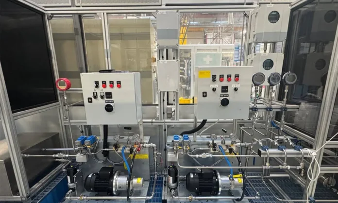 Control system inside Danfoss water test lab featuring spray testing instrumentation Caption: A close-up of Danfoss’s new water test lab control panels and nozzle testing system
