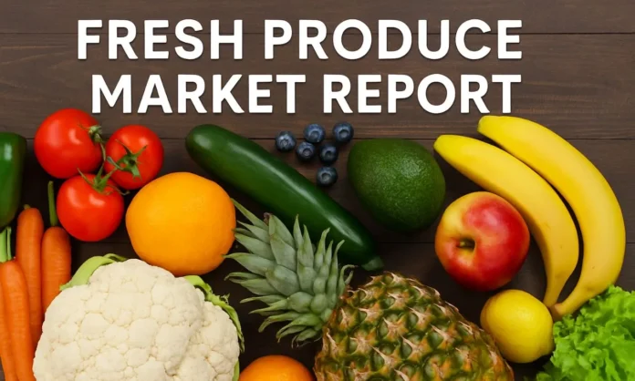 Fresh Produce Market Report – Variety of fruits and vegetables displayed on a wooden background