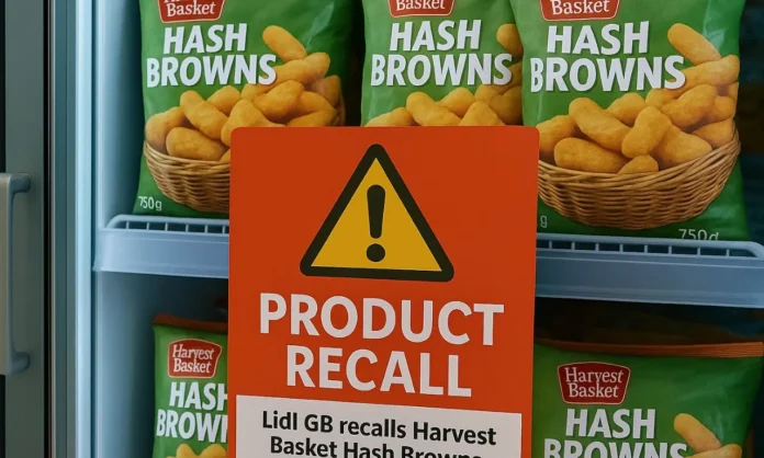 Lidl GB Hash Browns recall notice displayed in front of frozen Harvest Basket packs in a Lidl store freezer aisle