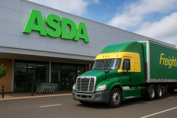 Exterior of an Asda supermarket with a green and yellow delivery truck parked outside.