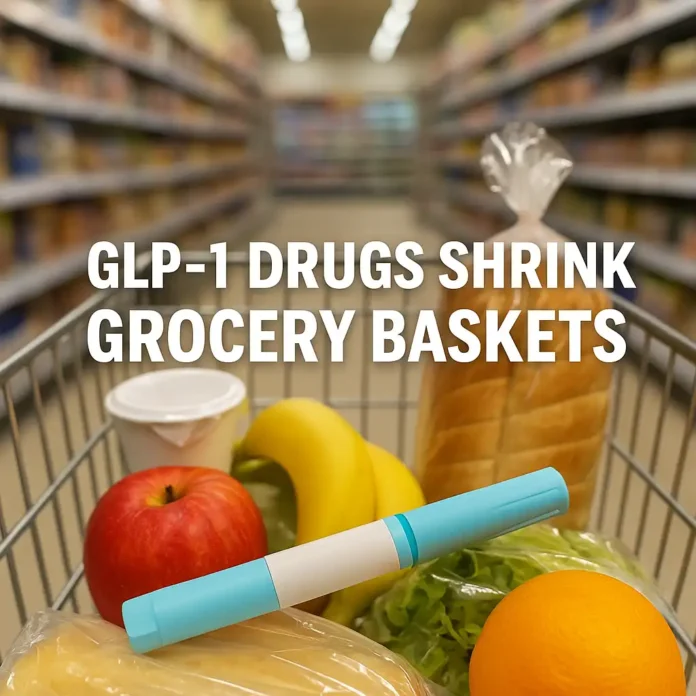 Half-empty grocery cart in a brightly lit U.S. supermarket aisle, symbolizing reduced grocery spend due to GLP-1 weight-loss drug usage.