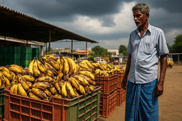 Spoiled bananas and potatoes in wooden crates under harsh sunlight, highlighting India's cold storage infrastructure crisis
