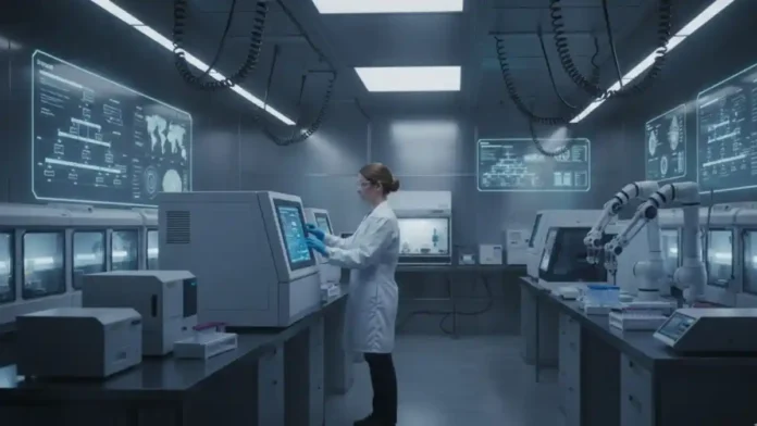 Modern livestock genomics laboratory with a technician handling DNA testing equipment.