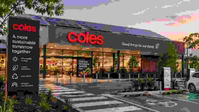 Coles lower-carbon supermarket in Melbourne with solar panels and electric vehicle charging bays