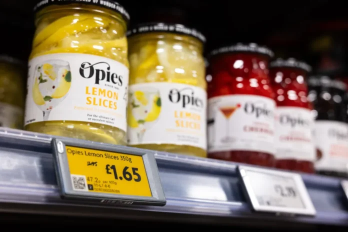Electronic shelf labels on a supermarket shelf